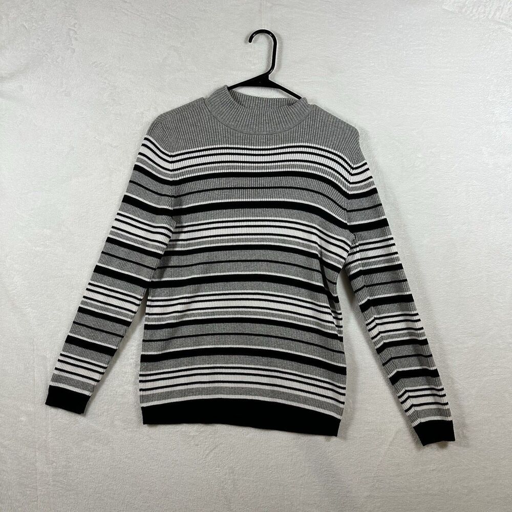 Karen Scott Women’s Medium Gray Black Striped Mock Neck Ribbed Cotton Sweater